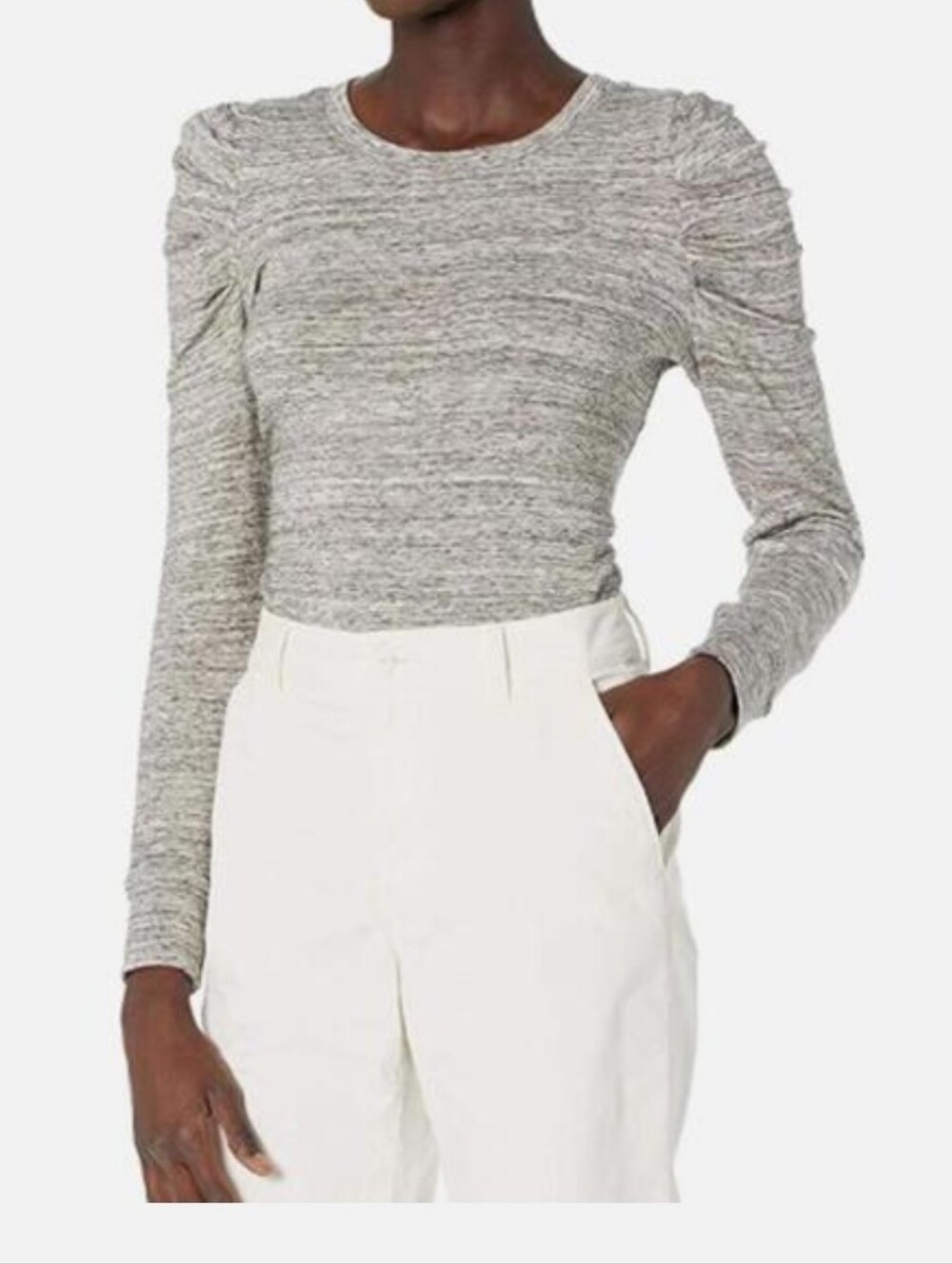 Daily Ritual Light Gray Ruched Shoulder Long-Sleeve Top